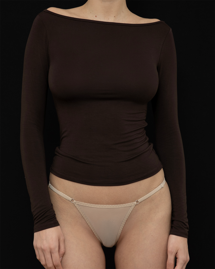 Front View of Recline Bateau Long Sleeve in Espresso Brown from KYE Intimates in Los Angeles.