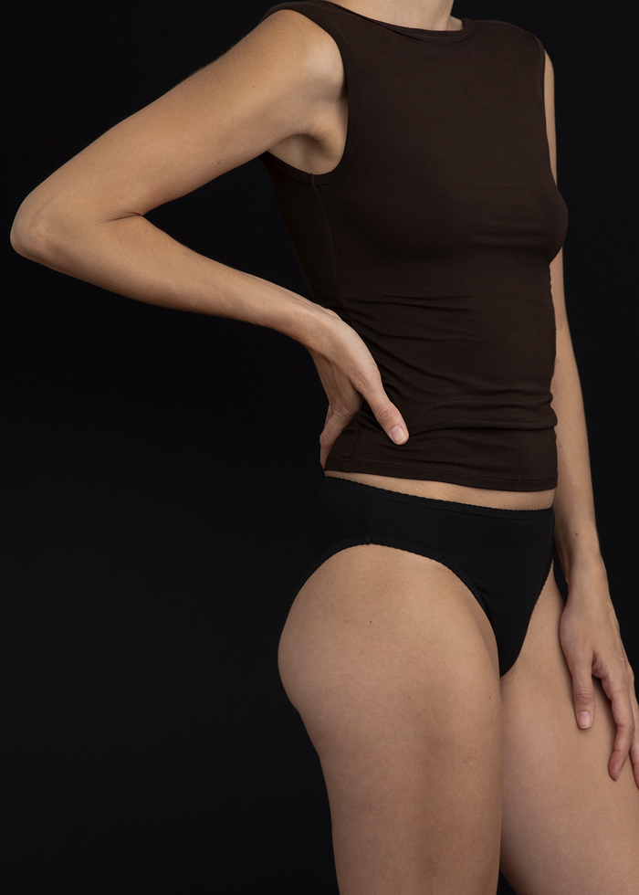 Side View of Recline Bateau Sleeveless Top in Espresso from KYE Intimates in Los Angeles.