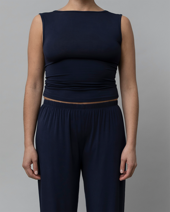 Front View of Recline Bateau Sleeveless in Navy Blue from KYE Intimates in Los Angeles.