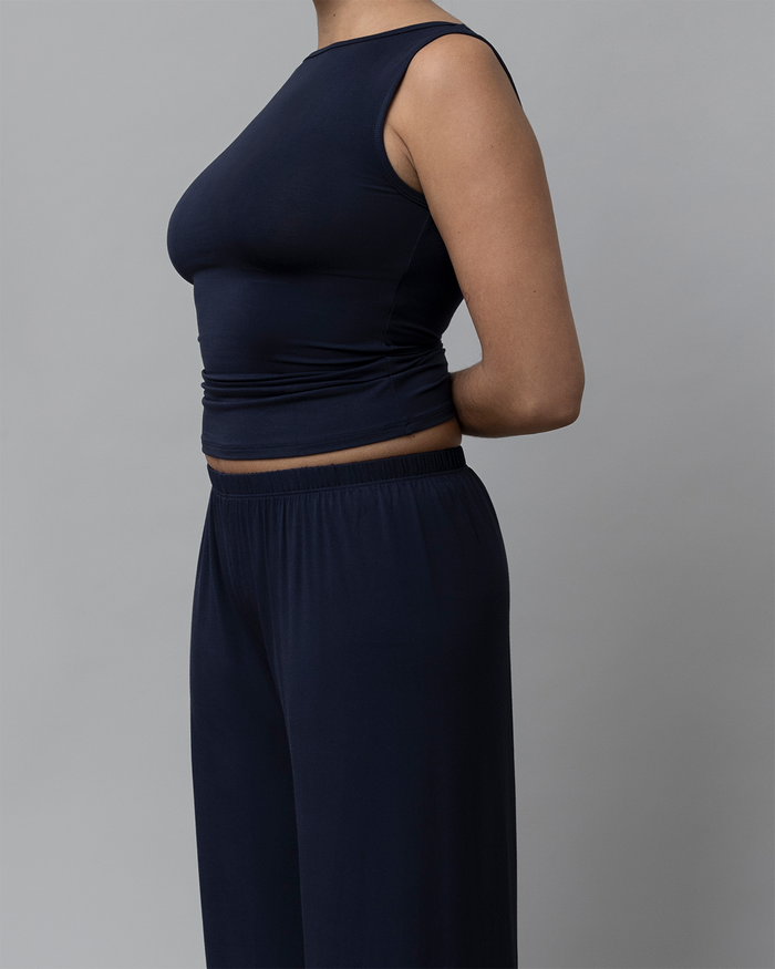 Side View of Recline Bateau Sleeveless in Navy Blue from KYE Intimates in Los Angeles.