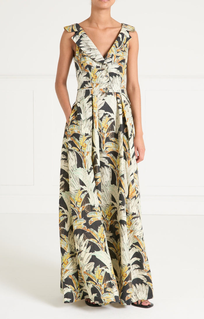 Baxter Linen Full Length Dress - Black/Khaki
