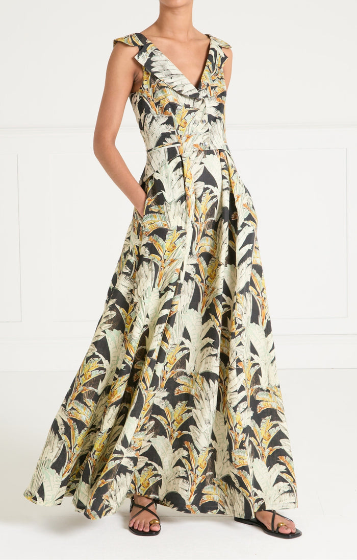 Baxter Linen Full Length Dress - Black/Khaki