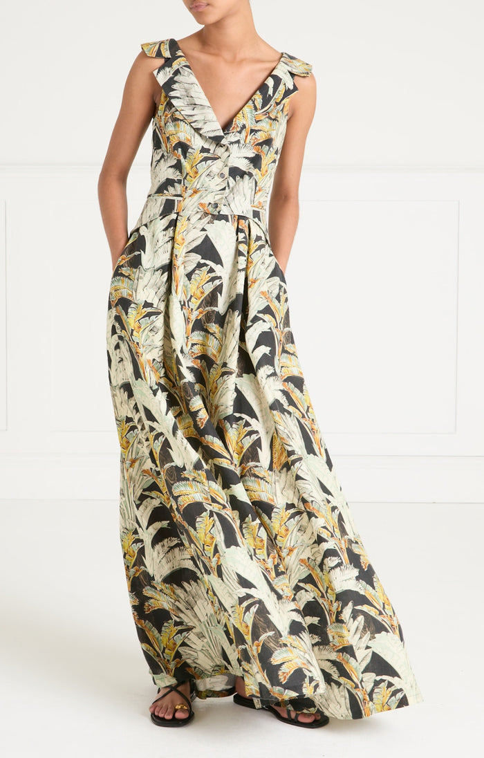Baxter Linen Full Length Dress - Black/Khaki