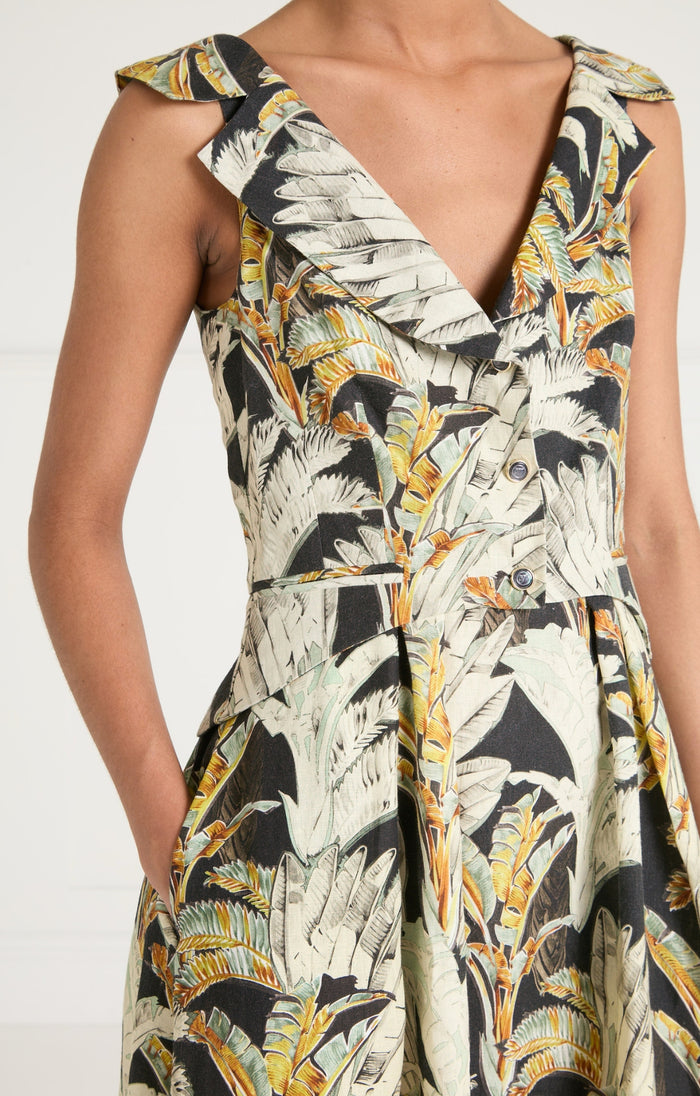 Baxter Linen Full Length Dress - Black/Khaki