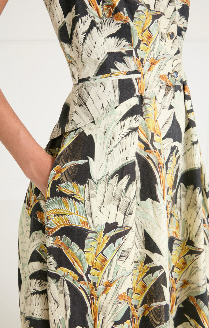 Baxter Linen Full Length Dress - Black/Khaki