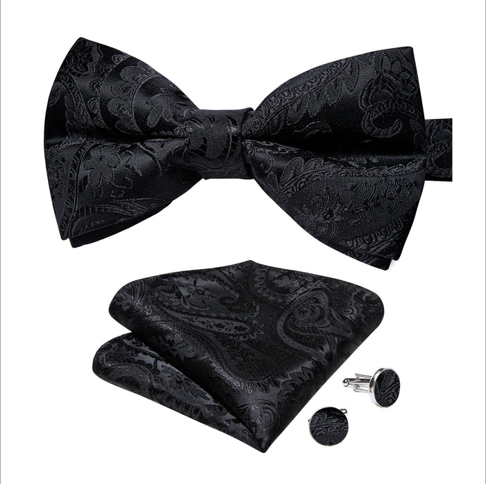 Black Floral Silk Bowtie Pocket Square Cufflinks Set- LH-7019 - SimonVon Shop