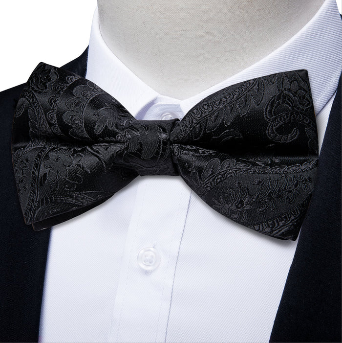 Black Floral Silk Bowtie Pocket Square Cufflinks Set- LH-7019 - SimonVon Shop