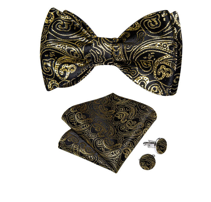 Black Golden Floral Silk Self Bowtie Pocket Square Cufflinks Set-LH-3045 - SimonVon Shop
