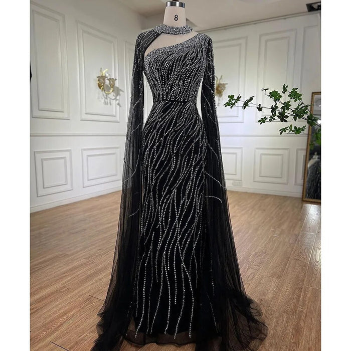 Black Mermaid Elegant Cape Sleeves Beaded Luxury Evening Gown LA72112 - SERENE HILL