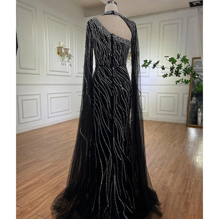 Black Mermaid Elegant Cape Sleeves Beaded Luxury Evening Gown LA72112 - SERENE HILL