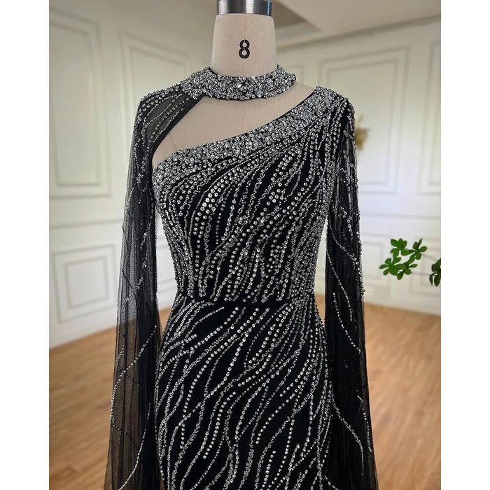 Black Mermaid Elegant Cape Sleeves Beaded Luxury Evening Gown LA72112 - SERENE HILL