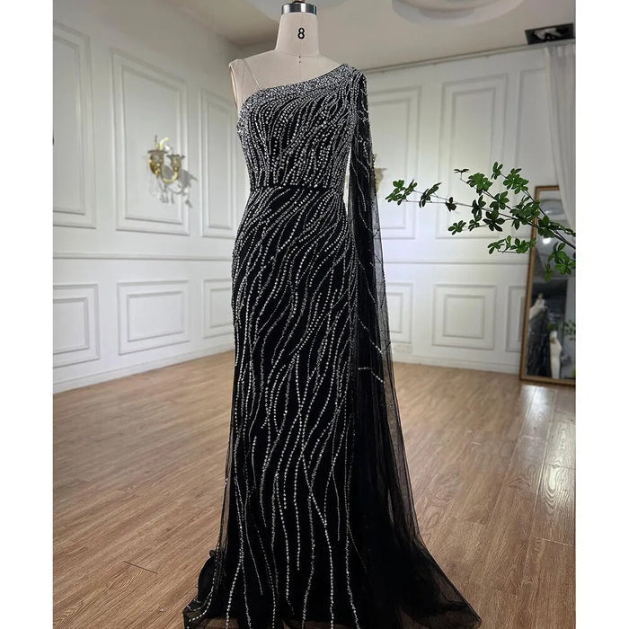 Black Mermaid Elegant Cape Sleeves Beaded Luxury Evening Gown LA72112 - SERENE HILL