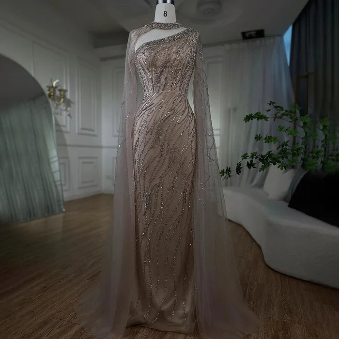 Black Mermaid Elegant Cape Sleeves Beaded Luxury Evening Gown LA72112 - SERENE HILL