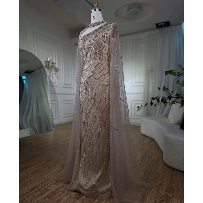 Black Mermaid Elegant Cape Sleeves Beaded Luxury Evening Gown LA72112 - SERENE HILL