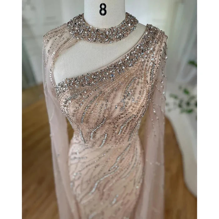 Black Mermaid Elegant Cape Sleeves Beaded Luxury Evening Gown LA72112 - SERENE HILL