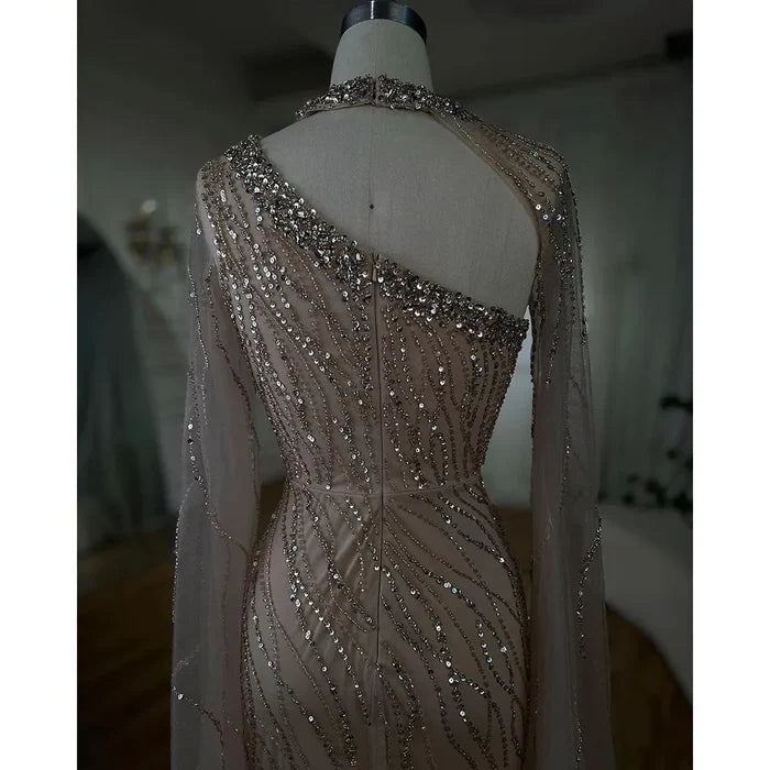 Black Mermaid Elegant Cape Sleeves Beaded Luxury Evening Gown LA72112 - SERENE HILL