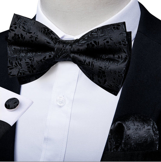 Black Paisley Bowtie Pocket Square Cufflinks Set- LH-0150 - SimonVon Shop