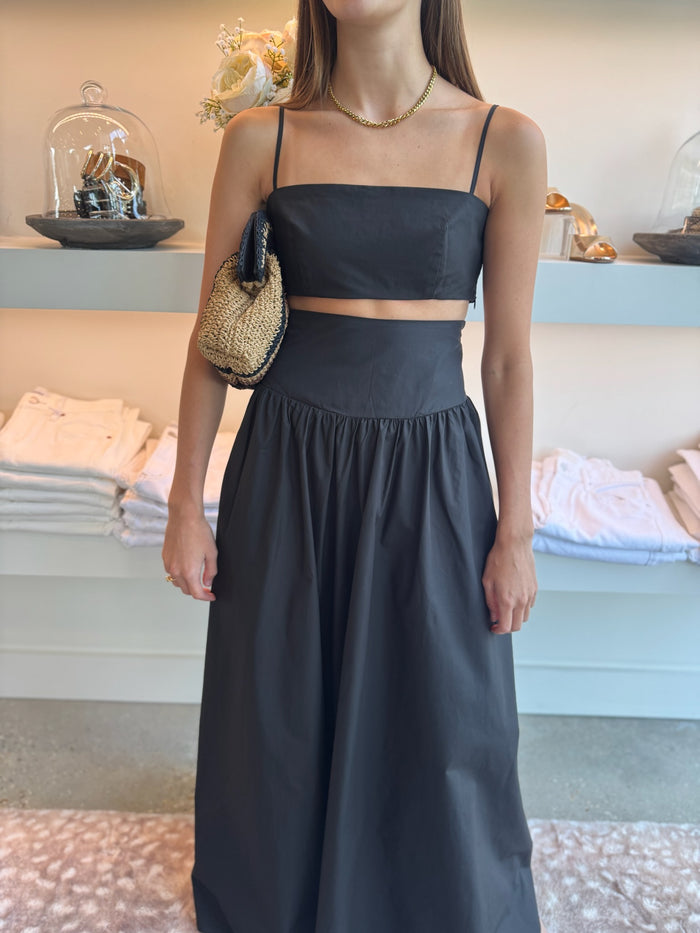 Black Poplin Crop String Top