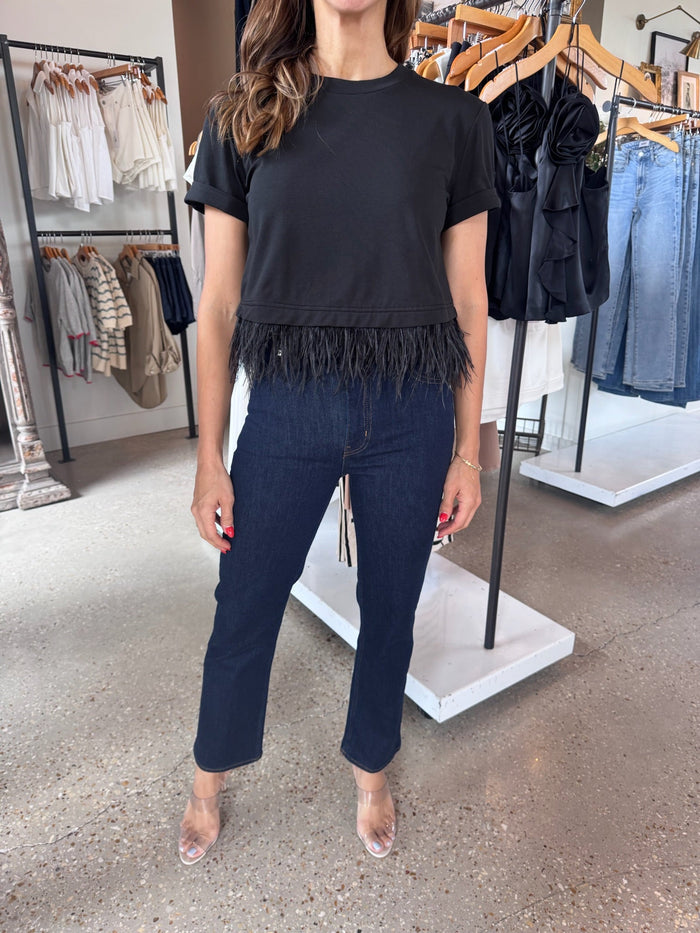 Black Short Sleeve Crop Feather Tee - Amor Lafayette
