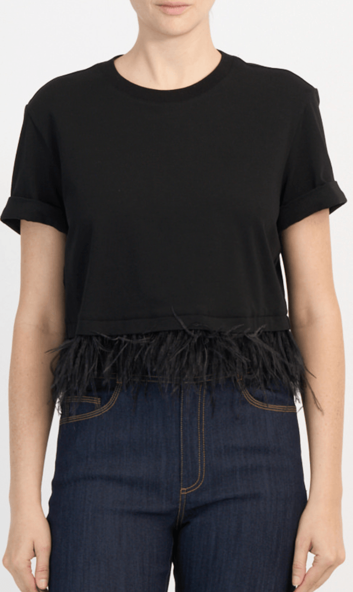 Black Short Sleeve Crop Feather Tee - Amor Lafayette