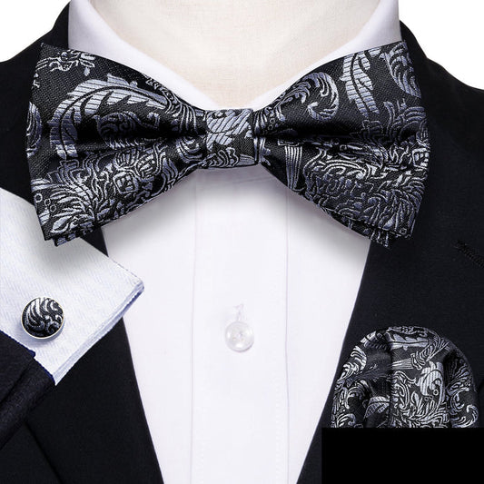 Black Silver Floral Silk Bowtie Pocket Square Cufflinks Set LH-0937 - SimonVon Shop