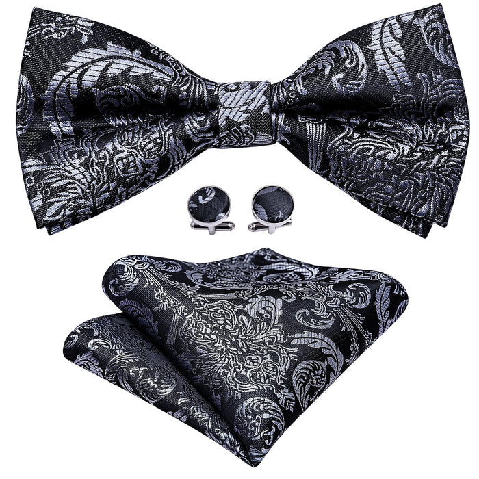 Black Silver Floral Silk Bowtie Pocket Square Cufflinks Set LH-0937 - SimonVon Shop