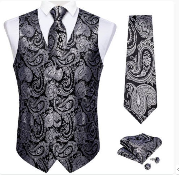 BLACK SILVER PAISLEY JACQUARD SILK WAISTCOAT VEST HANDKERCHIEF CUFFLINKS TIE VEST SUIT SET- MJ-0148 - SimonVon Shop