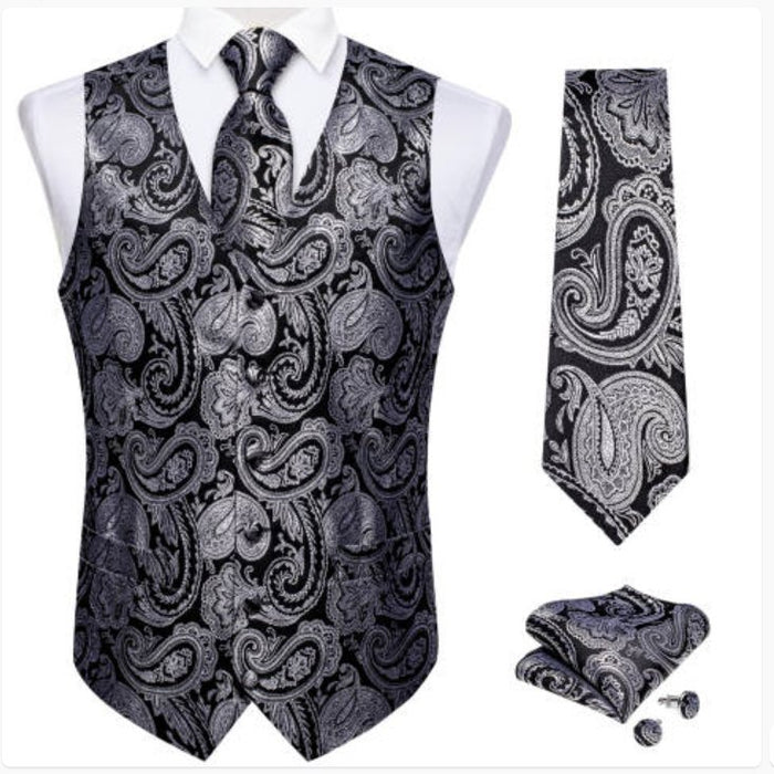 BLACK SILVER PAISLEY JACQUARD SILK WAISTCOAT VEST HANDKERCHIEF CUFFLINKS TIE VEST SUIT SET- MJ-0148 - SimonVon Shop