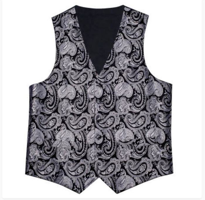BLACK SILVER PAISLEY JACQUARD SILK WAISTCOAT VEST HANDKERCHIEF CUFFLINKS TIE VEST SUIT SET- MJ-0148 - SimonVon Shop
