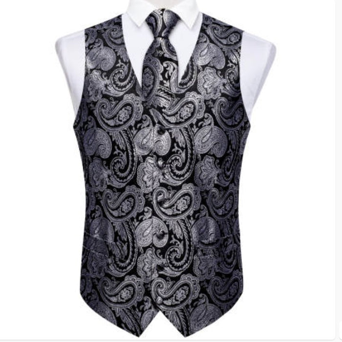 BLACK SILVER PAISLEY JACQUARD SILK WAISTCOAT VEST HANDKERCHIEF CUFFLINKS TIE VEST SUIT SET- MJ-0148 - SimonVon Shop