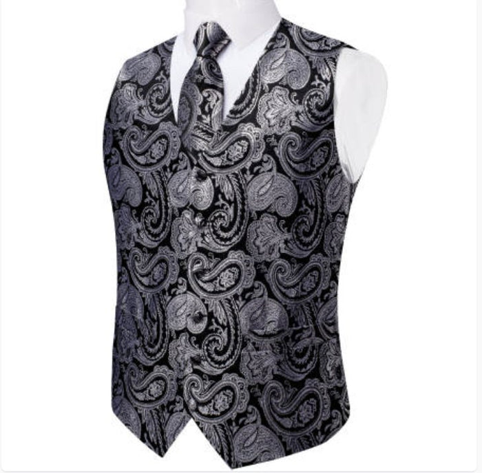 BLACK SILVER PAISLEY JACQUARD SILK WAISTCOAT VEST HANDKERCHIEF CUFFLINKS TIE VEST SUIT SET- MJ-0148 - SimonVon Shop
