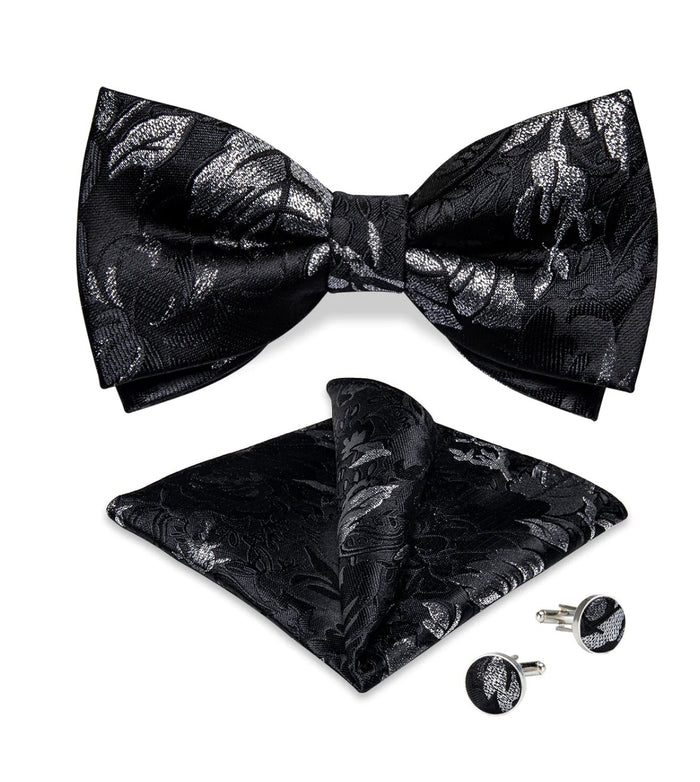 Black White Flower Silk Bowtie Pocket Square Cufflinks Set- LH-0156 - SimonVon Shop