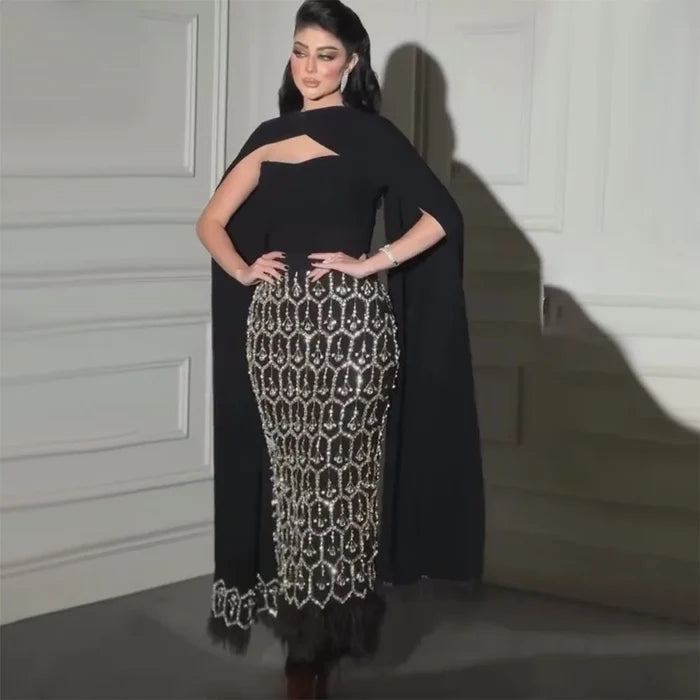 Bling Black Arabic Mermaid Evening Dress with Cape Feather LA72410 - SERENE HILL