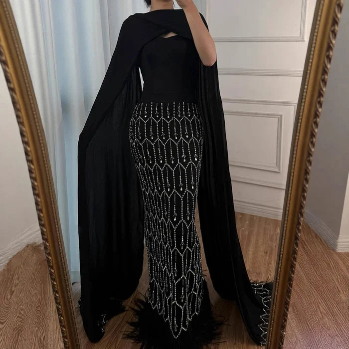 Bling Black Arabic Mermaid Evening Dress with Cape Feather LA72410 - SERENE HILL