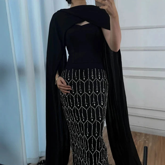Bling Black Arabic Mermaid Evening Dress with Cape Feather LA72410 - SERENE HILL