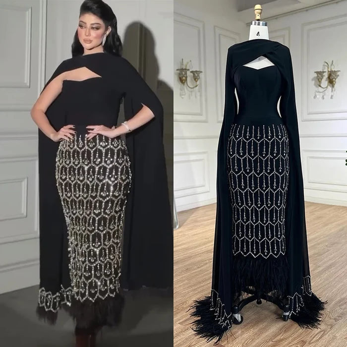 Bling Black Arabic Mermaid Evening Dress with Cape Feather LA72410 - SERENE HILL