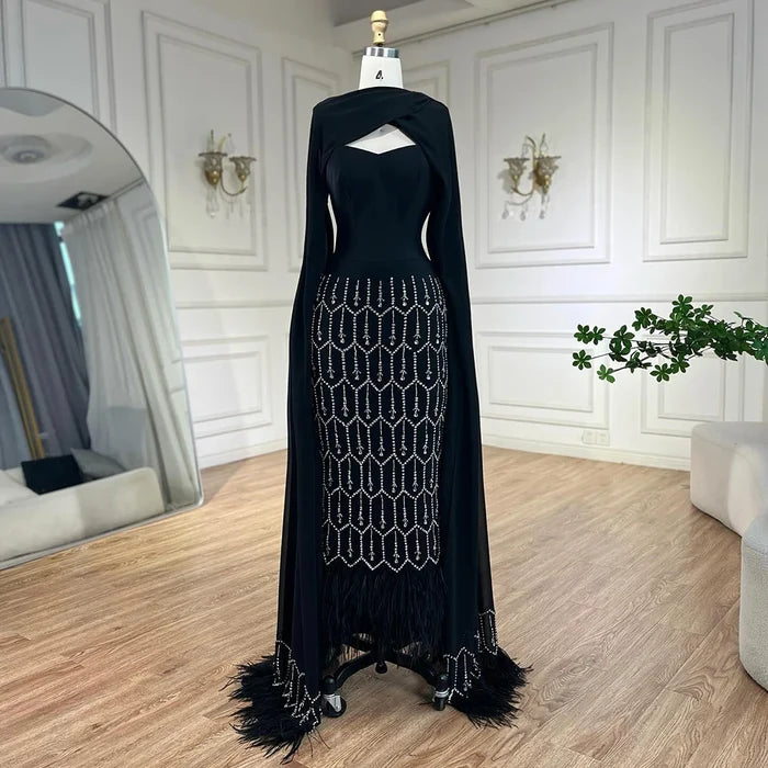 Bling Black Arabic Mermaid Evening Dress with Cape Feather LA72410 - SERENE HILL