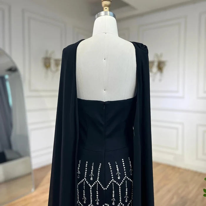 Bling Black Arabic Mermaid Evening Dress with Cape Feather LA72410 - SERENE HILL