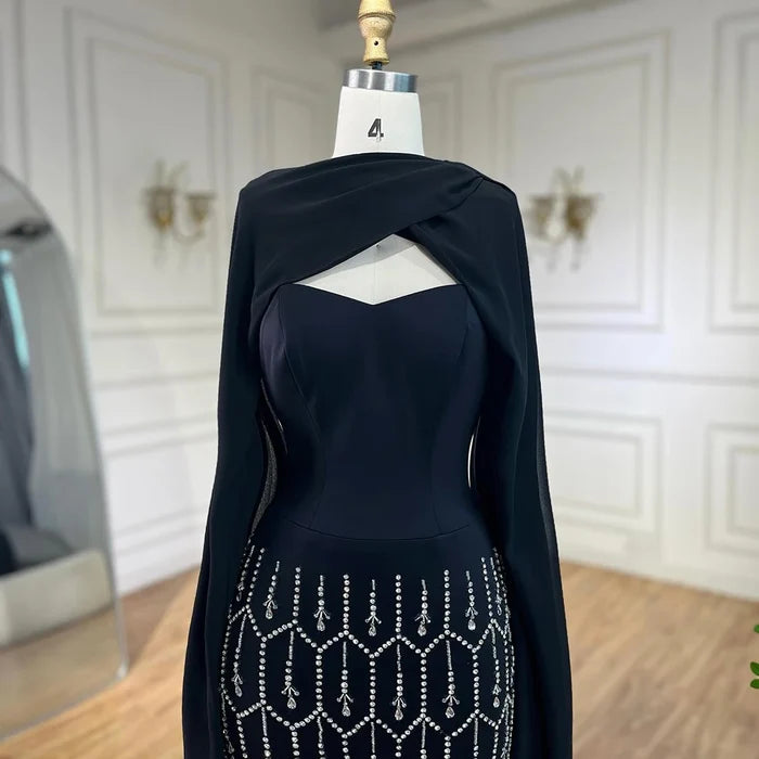 Bling Black Arabic Mermaid Evening Dress with Cape Feather LA72410 - SERENE HILL