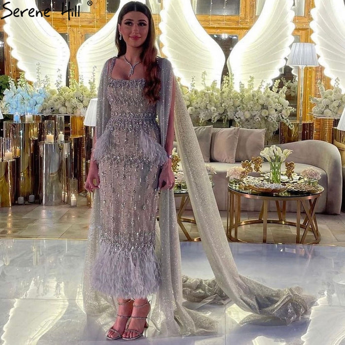 Bling Gray Mermaid Feather Arabic Midi Evening Dress with Cape LA72334 - SERENE HILL