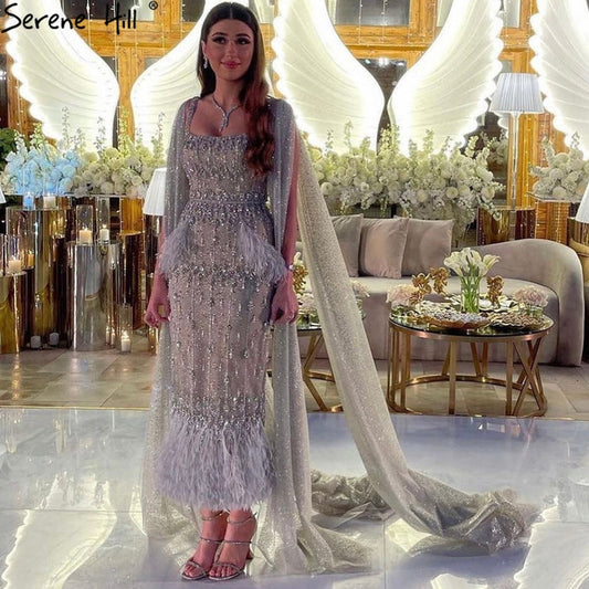Bling Gray Mermaid Feather Arabic Midi Evening Dress with Cape LA72334 - SERENE HILL