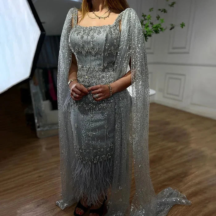 Bling Gray Mermaid Feather Arabic Midi Evening Dress with Cape LA72334 - SERENE HILL