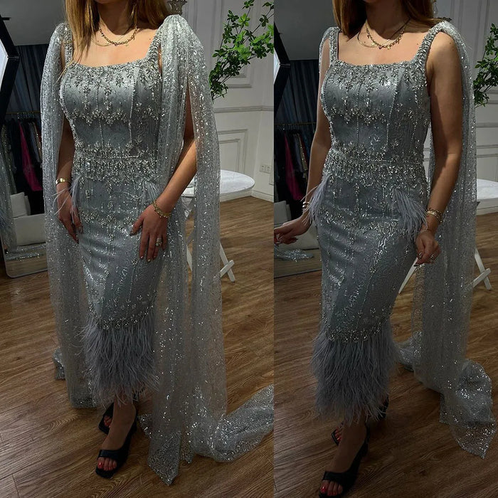 Bling Gray Mermaid Feather Arabic Midi Evening Dress with Cape LA72334 - SERENE HILL