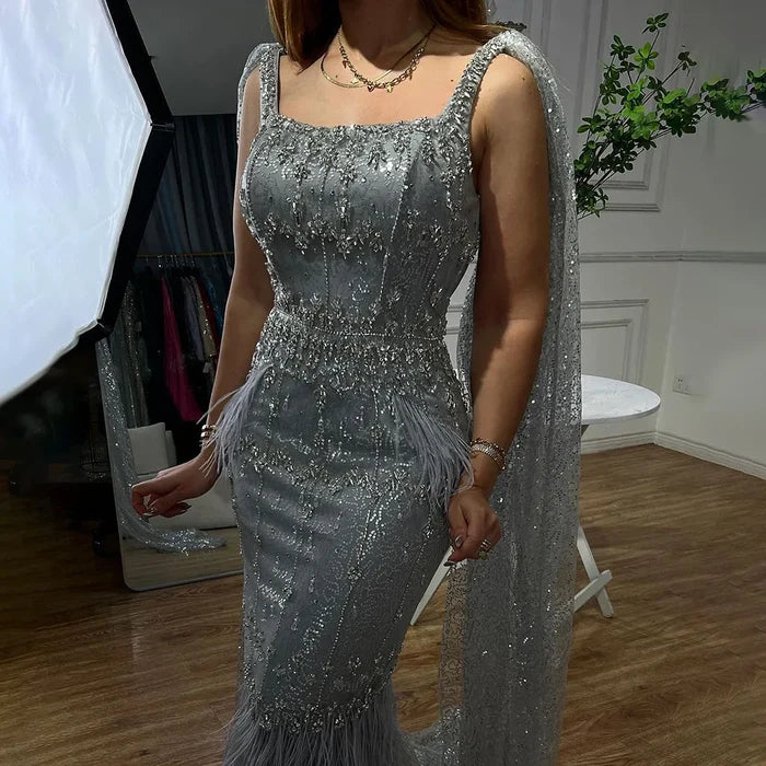 Bling Gray Mermaid Feather Arabic Midi Evening Dress with Cape LA72334 - SERENE HILL