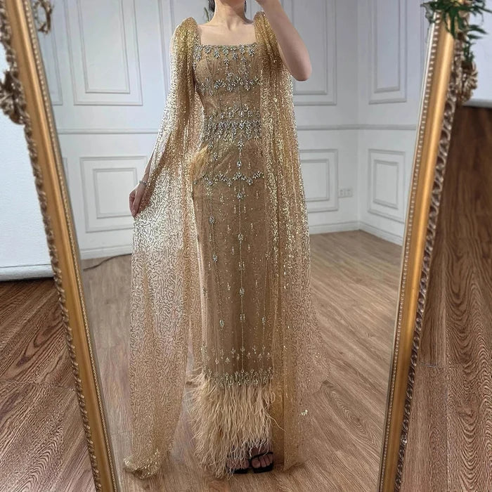 Bling Gray Mermaid Feather Arabic Midi Evening Dress with Cape LA72334 - SERENE HILL