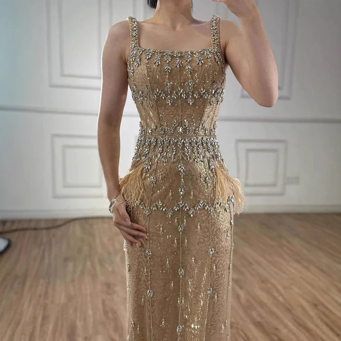 Bling Gray Mermaid Feather Arabic Midi Evening Dress with Cape LA72334 - SERENE HILL