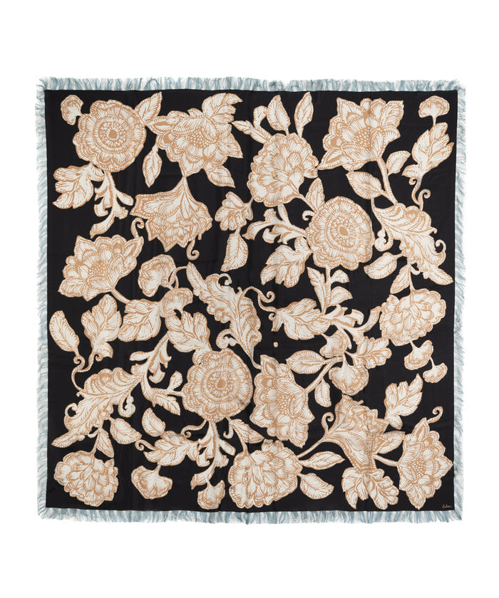 Block Floral Oversized Silk Square Scarf in color black
