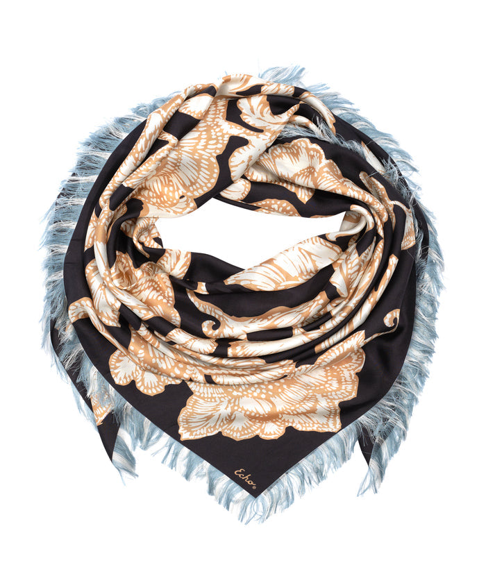 Block Floral Oversized Silk Square Scarf in color black