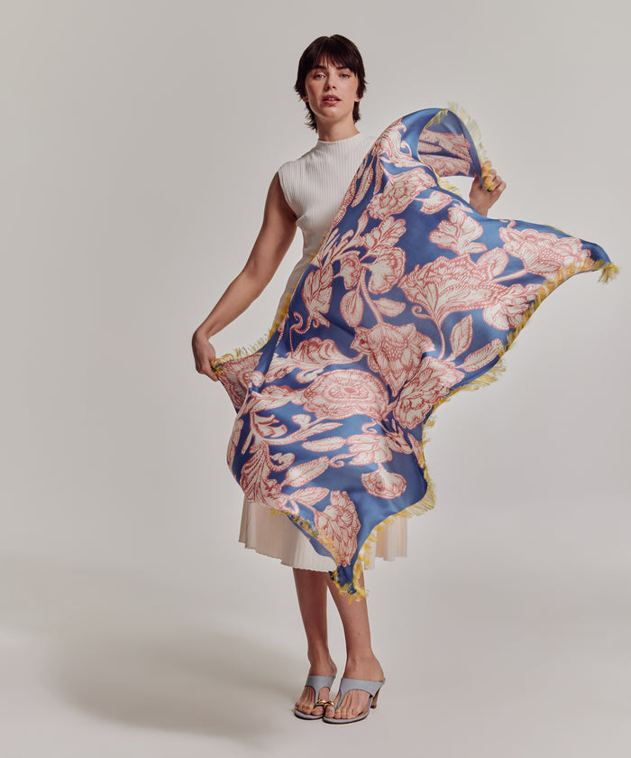 Block Floral Oversized Silk Square Scarf in color chambray