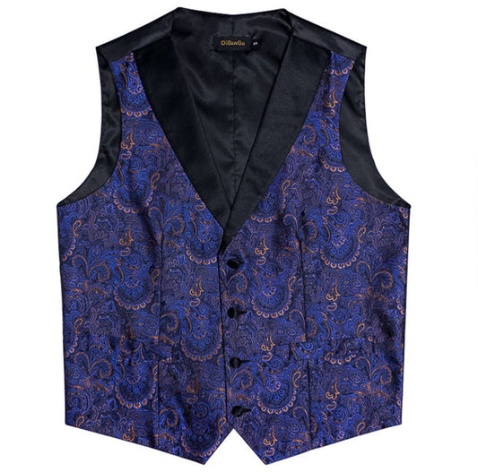 Blue and Gold Floral Silk Single Waistcoat Vest Only -NO TIE-MJ-0208 - SimonVon Shop